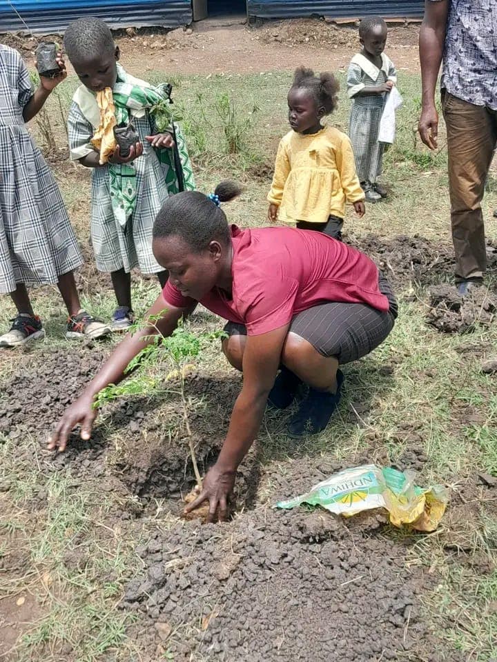 Farmers working together to construct terraced water retention structures on sloped farmland