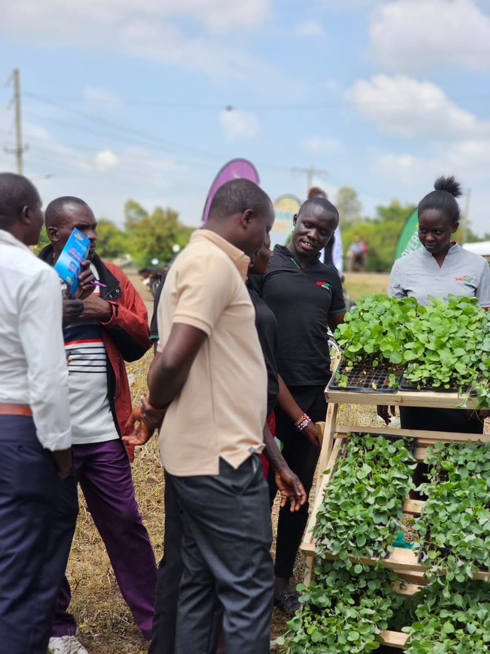 Farmers gathered around agricultural extension officer during hands-on training session on climate-smart techniques